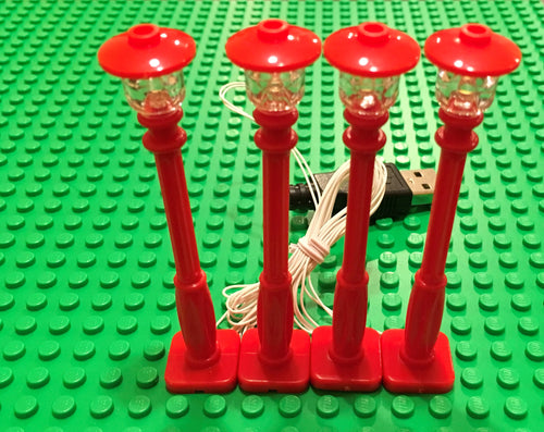 4 Red Christmas Village Lamp Post LED street light for lego usb with power bank