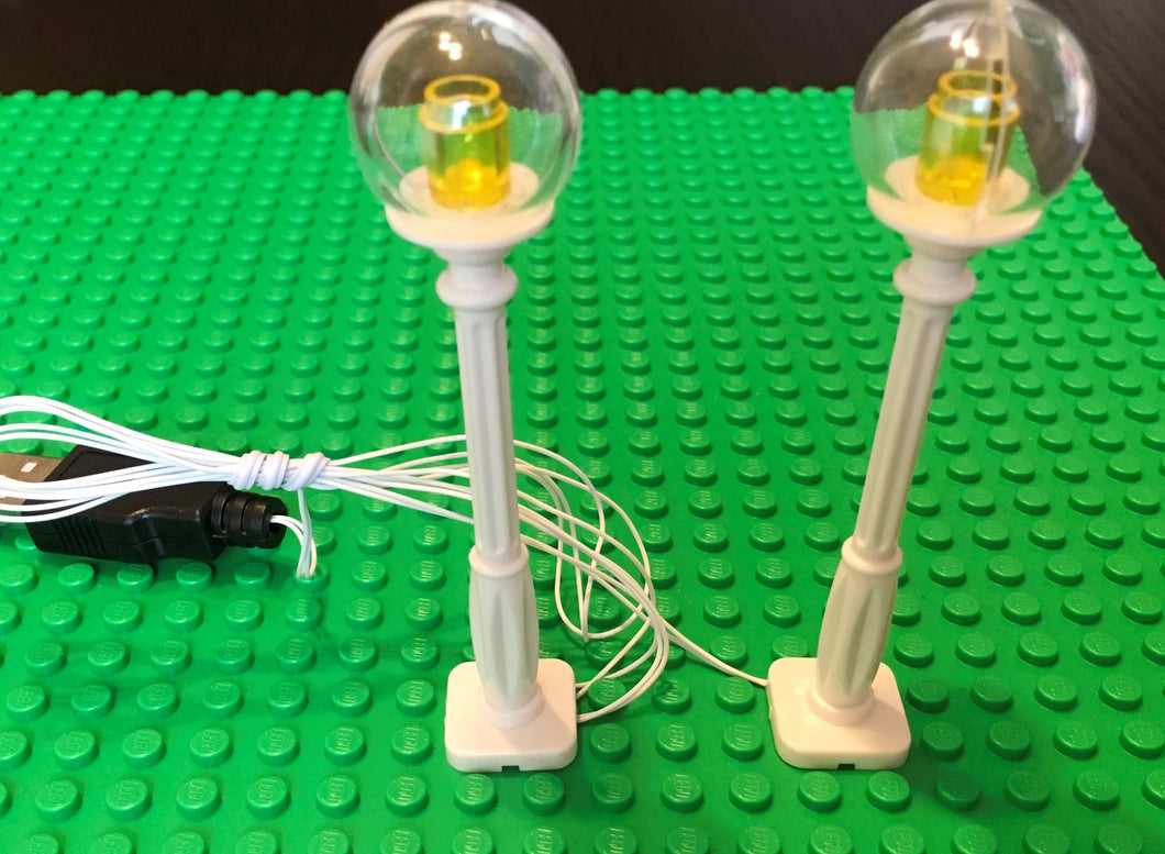 2 white Christmas Village Lamp Post LED street light for lego usb connected